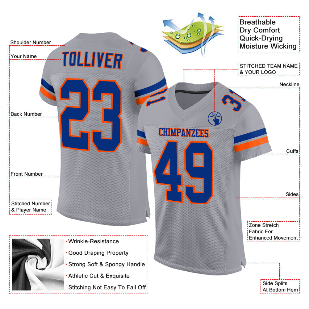 Custom Light Gray Royal-Orange Mesh Authentic Football Jersey view 2