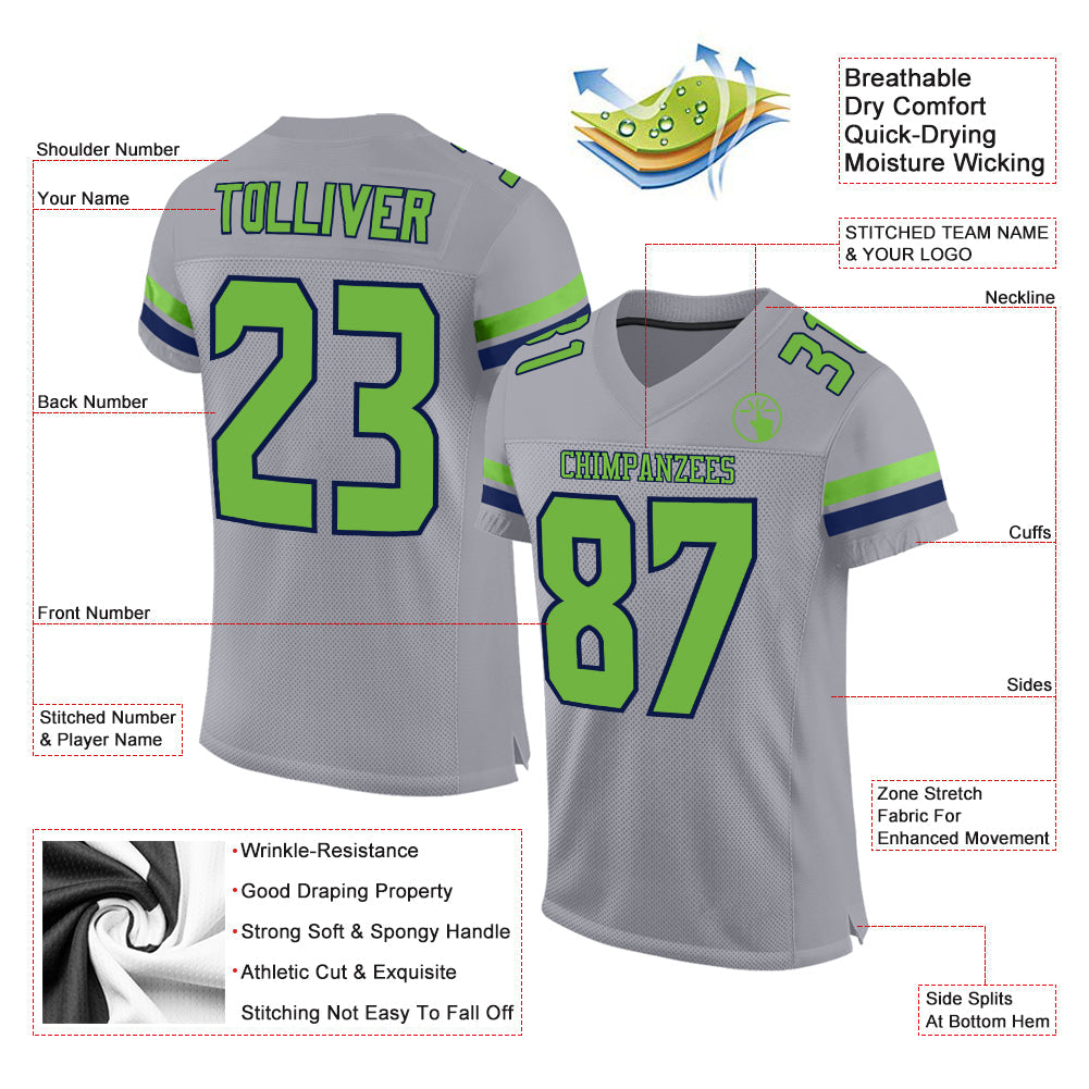 Custom Light Gray Neon Green-Navy Mesh Authentic Football Jersey view 2
