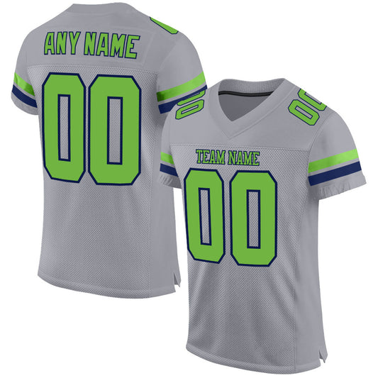 Custom Light Gray Neon Green-Navy Mesh Authentic Football Jersey - Main View