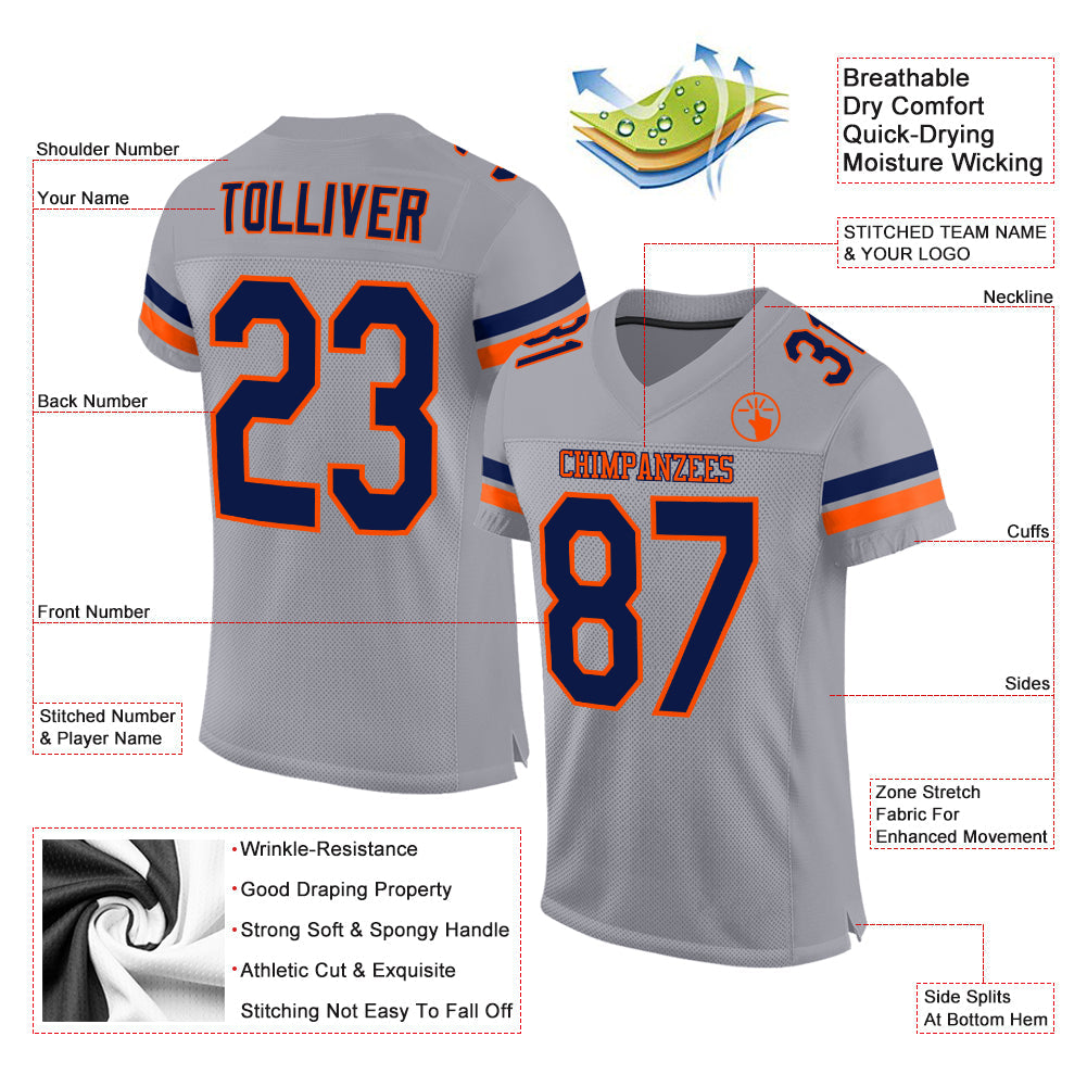 Custom Light Gray Navy-Orange Mesh Authentic Football Jersey view 2