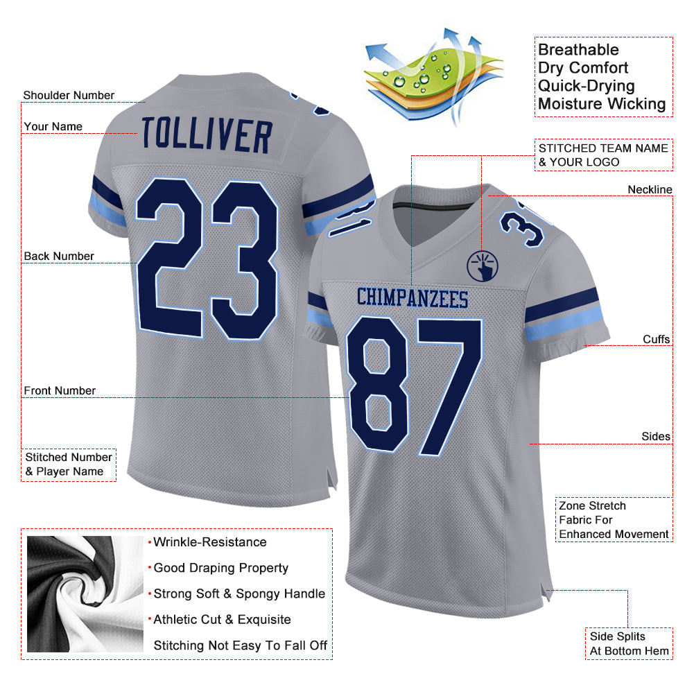 Custom Light Gray Navy-Powder Blue Mesh Authentic Football Jersey view 2