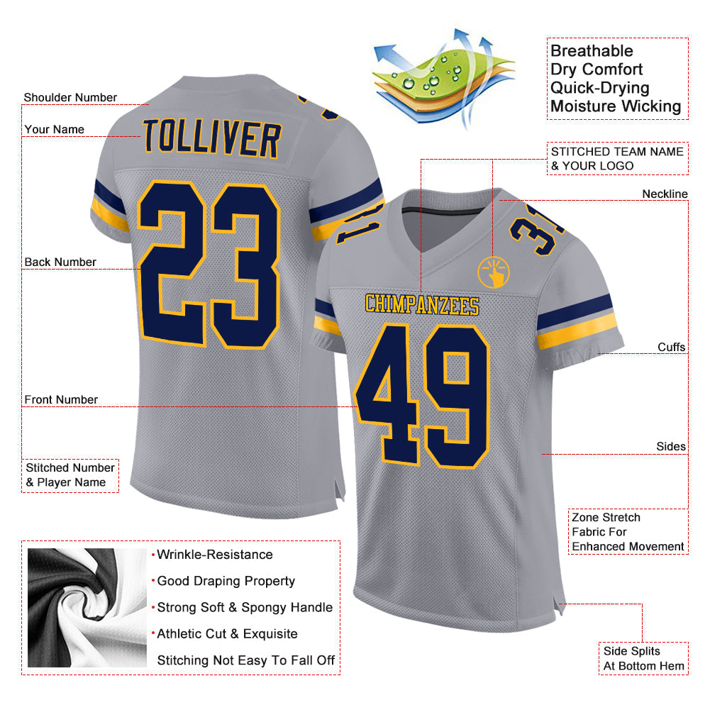 Custom Light Gray Navy-Gold Mesh Authentic Football Jersey view 2