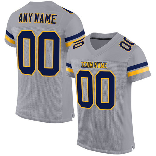 Custom Light Gray Navy-Gold Mesh Authentic Football Jersey - Main View