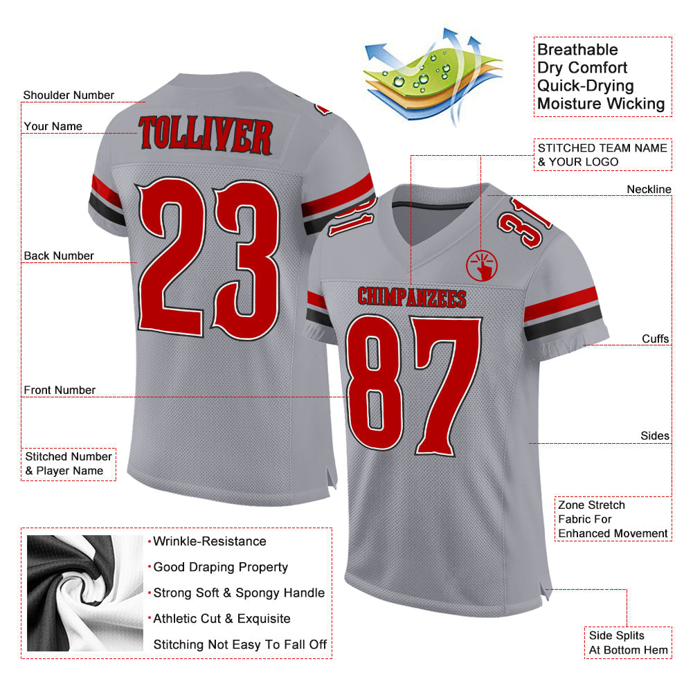 Custom Light Gray Red-Black Mesh Authentic Football Jersey view 2