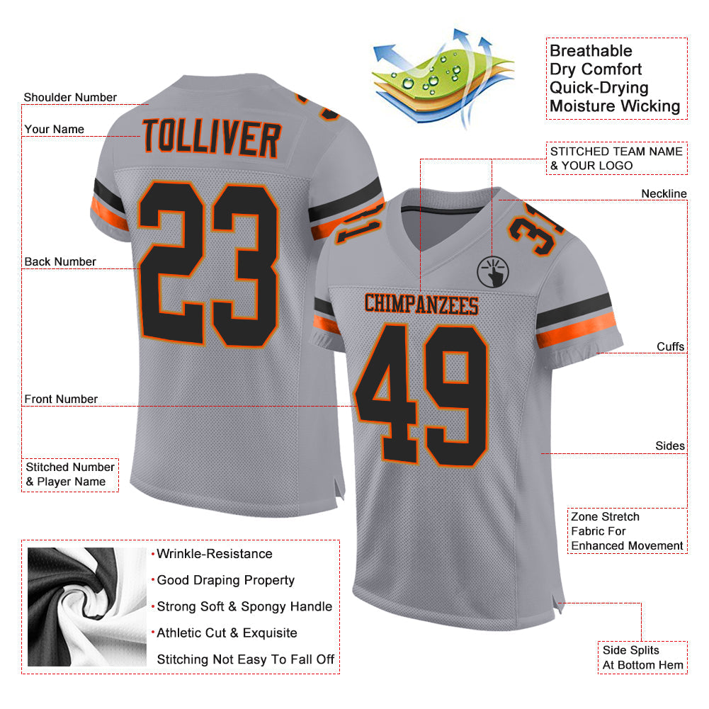 Custom Light Gray Black-Orange Mesh Authentic Football Jersey view 2