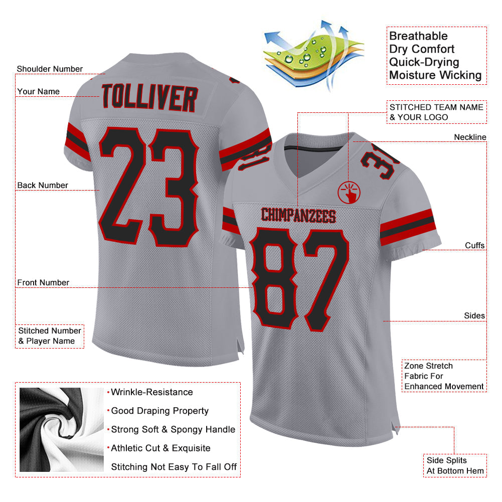 Custom Light Gray Black-Red Mesh Authentic Football Jersey view 2