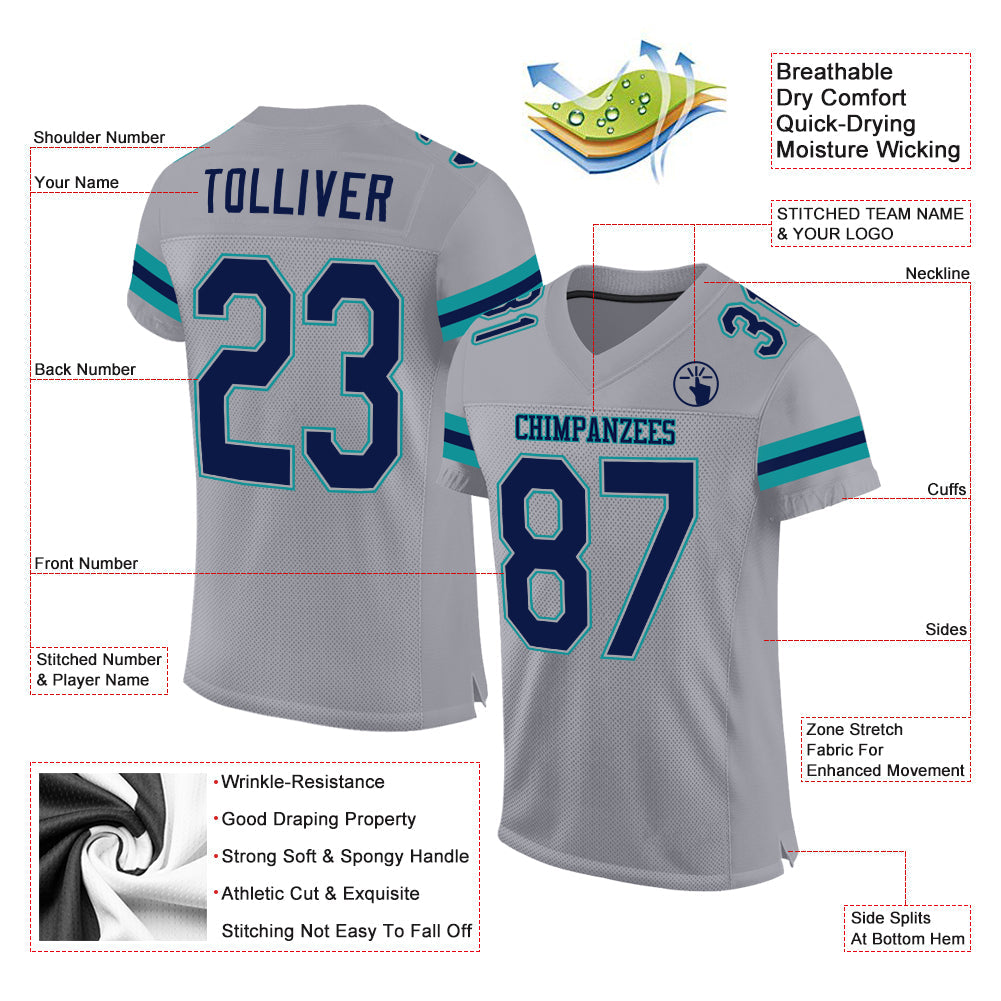 Custom Light Gray Navy-Aqua Mesh Authentic Football Jersey view 2