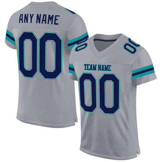 Custom Light Gray Navy-Aqua Mesh Authentic Football Jersey - Main View