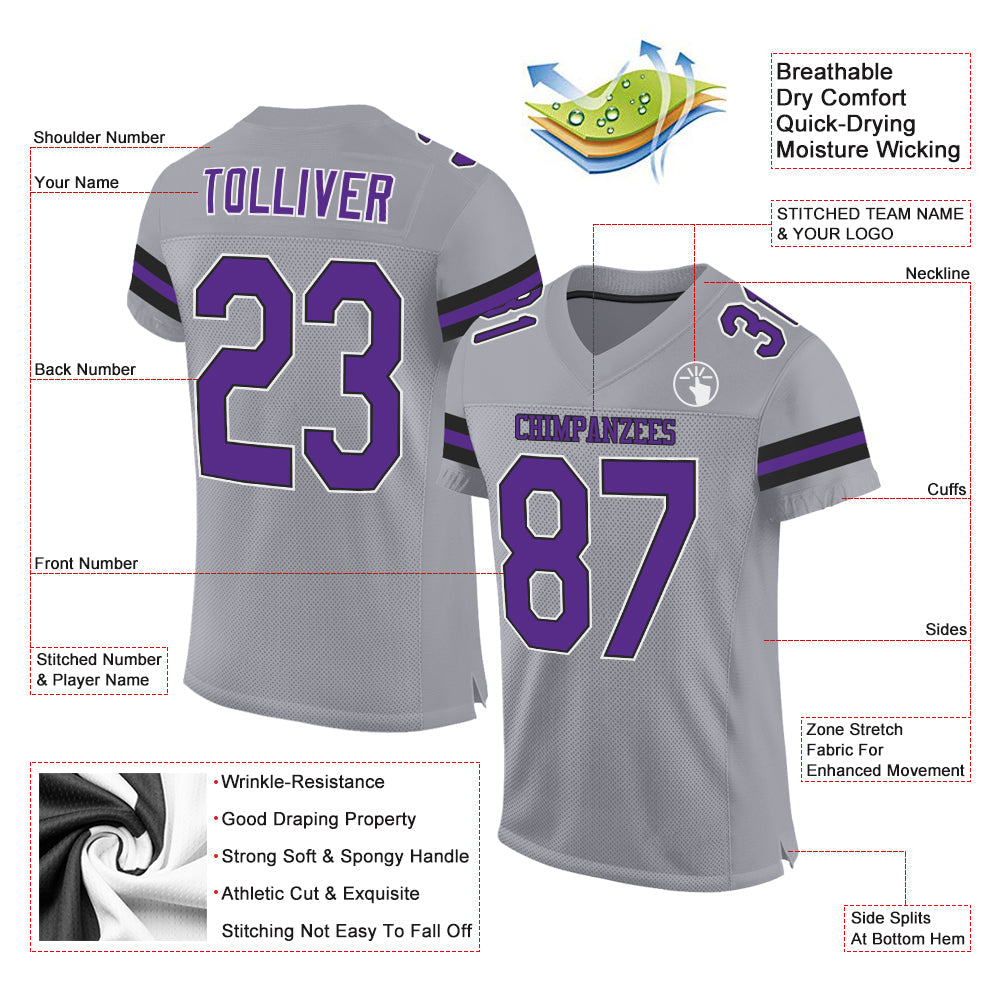 Custom Light Gray Purple-Black Mesh Authentic Football Jersey view 2