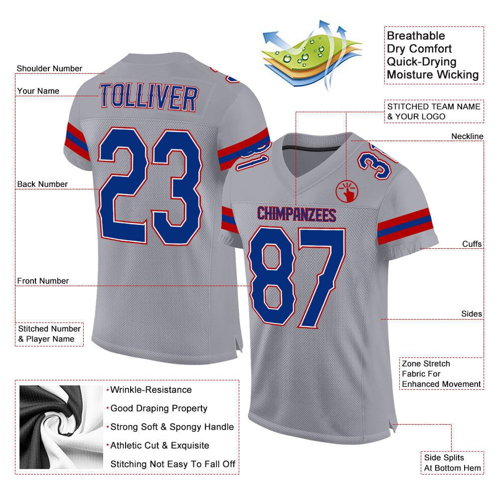 Custom Light Gray Royal-Red Mesh Authentic Football Jersey view 2