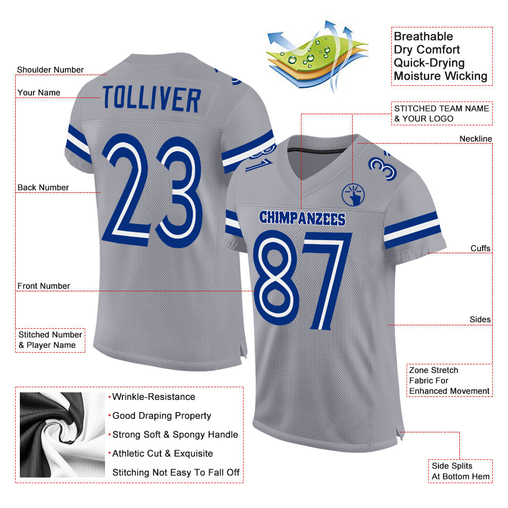 Custom Light Gray White-Royal Mesh Authentic Football Jersey view 2