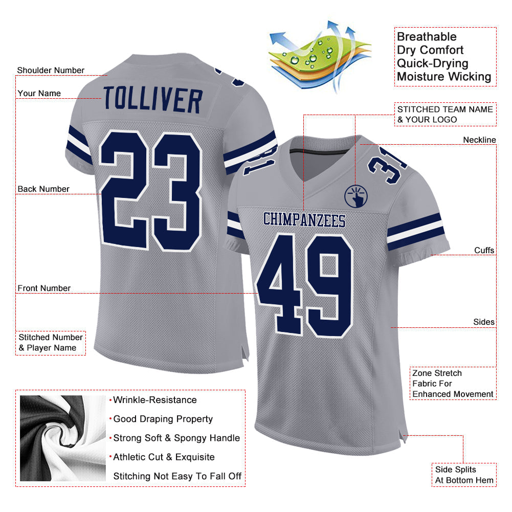 Custom Light Gray Navy-White Mesh Authentic Football Jersey view 2