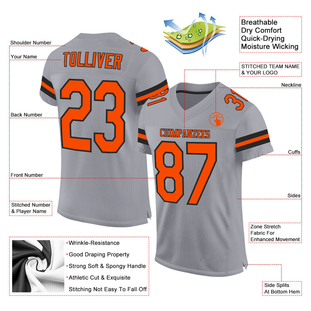 Custom Light Gray Orange-Black Mesh Authentic Football Jersey view 2