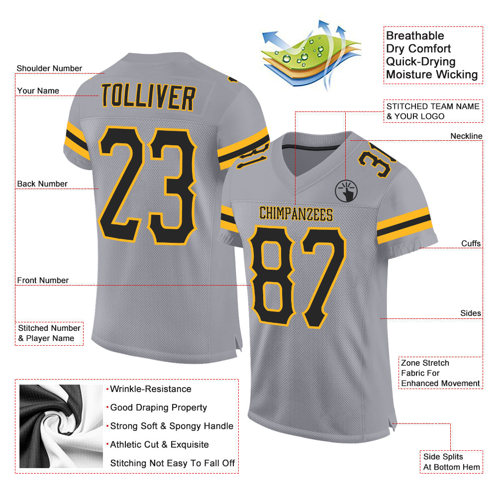 Custom Light Gray Black-Gold Mesh Authentic Football Jersey view 2