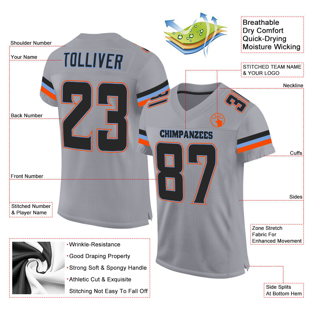 Custom Light Gray Black-Powder Blue Mesh Authentic Football Jersey view 2