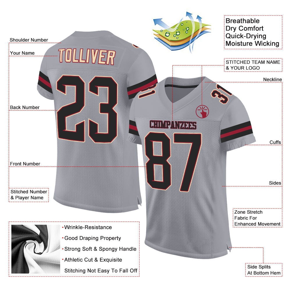 Custom Light Gray Black-Crimson Mesh Authentic Football Jersey view 2
