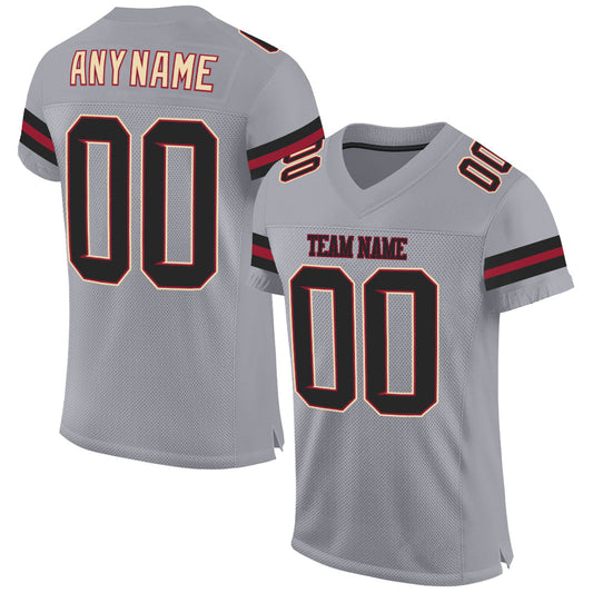 Custom Light Gray Black-Crimson Mesh Authentic Football Jersey - Main View
