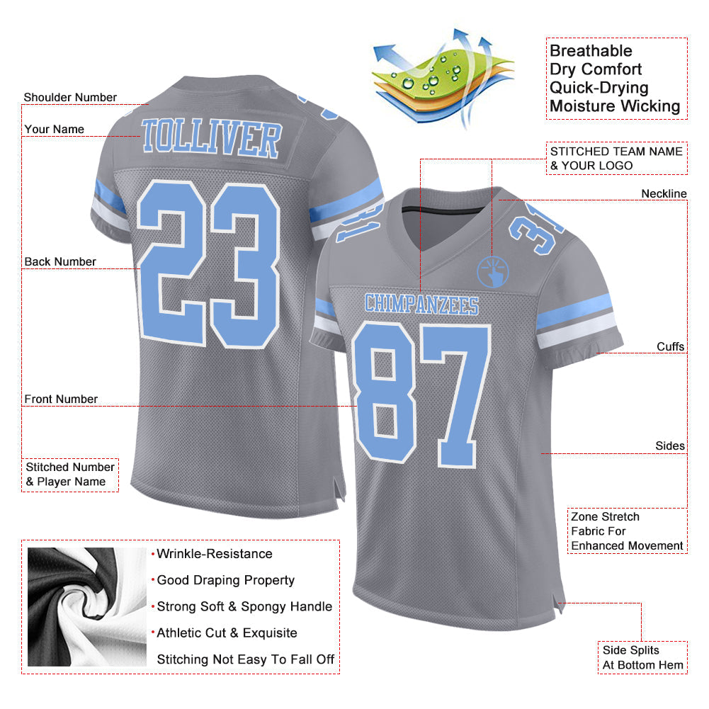 Custom Light Gray Light Blue-White Mesh Authentic Football Jersey view 2