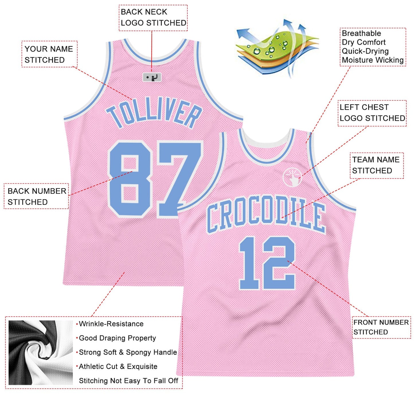 Custom Light Pink Light Blue-White Authentic Throwback Basketball Jersey view 2