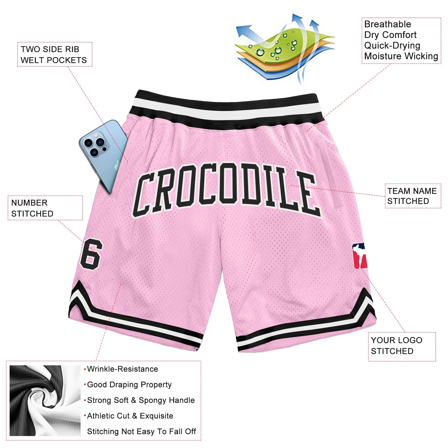 Custom Light Pink Black-White Authentic Throwback Basketball Shorts view 2