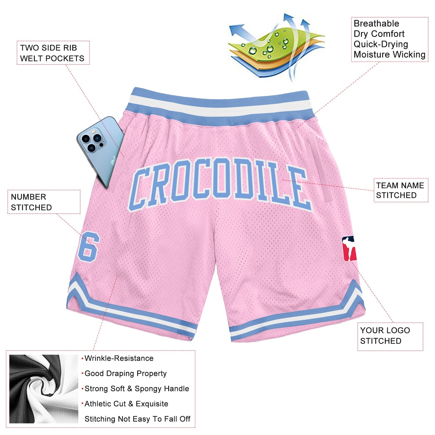 Custom Light Pink Light Blue-White Authentic Throwback Basketball Shorts view 2