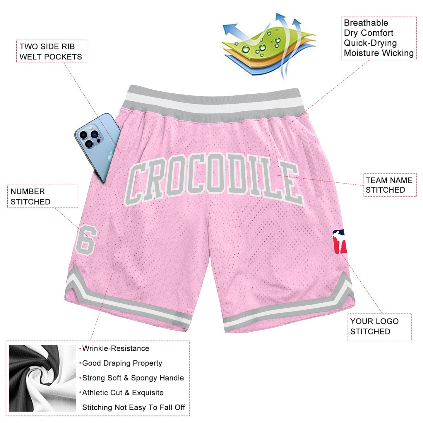 Custom Light Pink Gray-White Authentic Throwback Basketball Shorts view 3