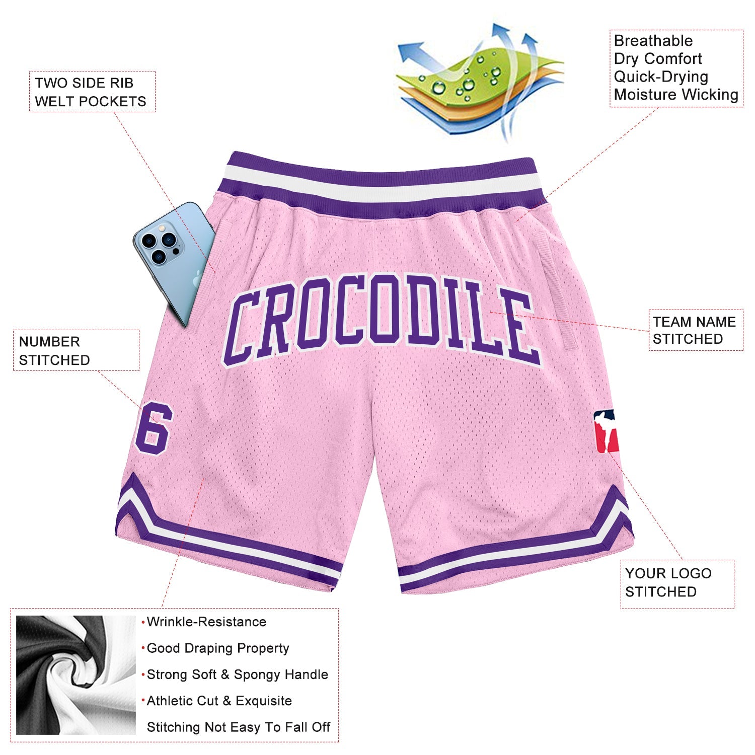 Custom Light Pink Purple-White Authentic Throwback Basketball Shorts view 2