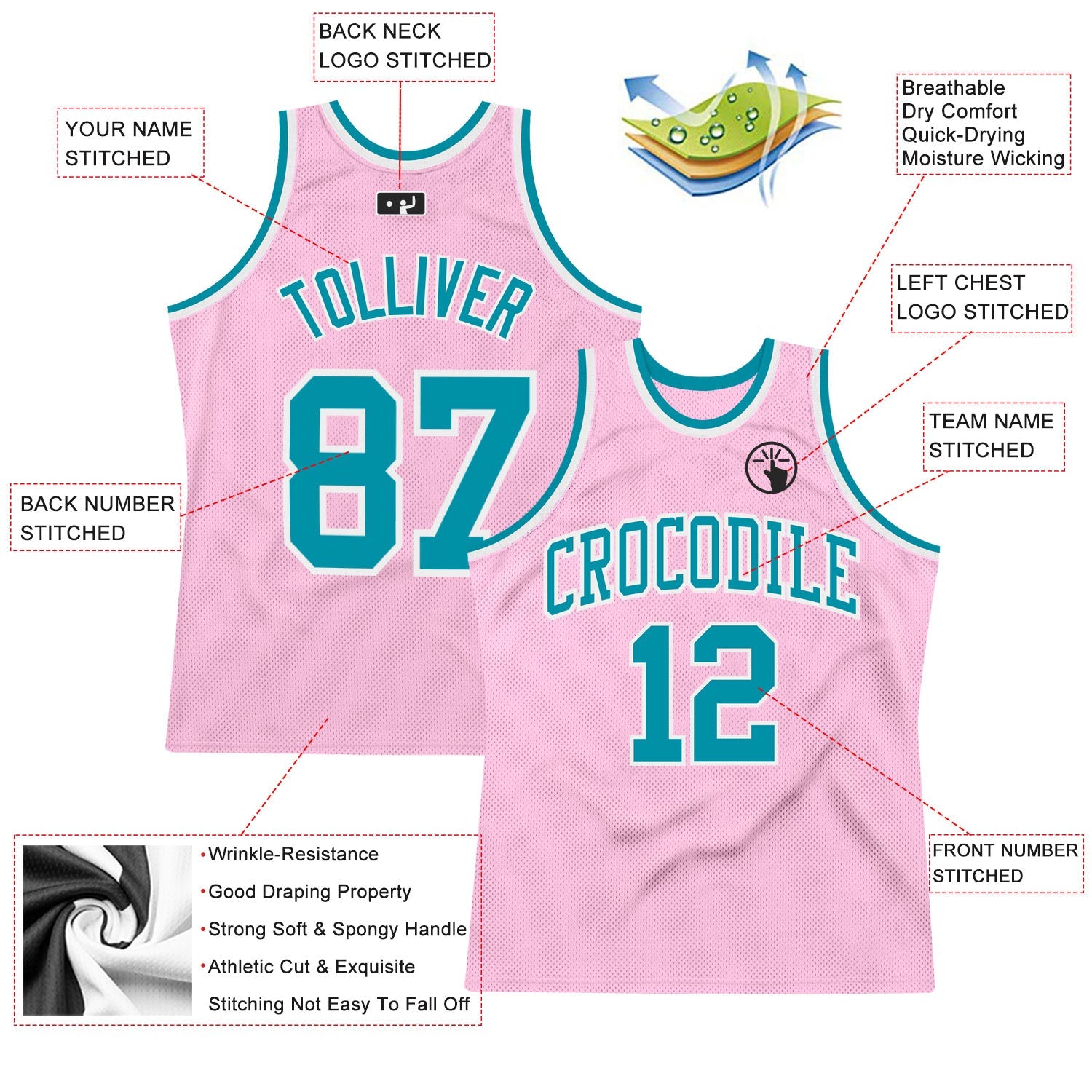 Custom Light Pink Teal-White Authentic Throwback Basketball Jersey view 2