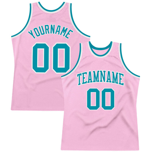 Custom Light Pink Teal-White Authentic Throwback Basketball Jersey - Main View