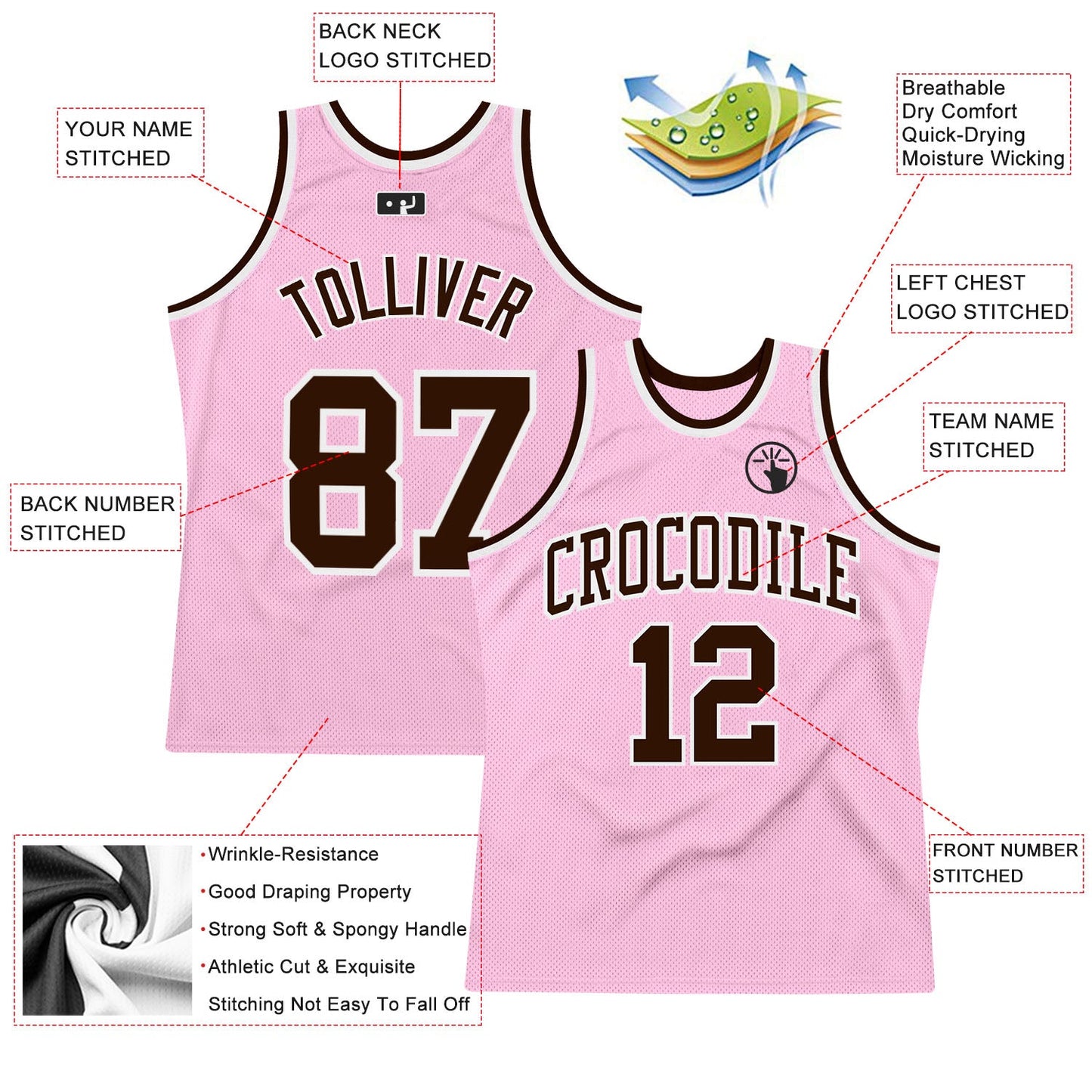 Custom Light Pink Brown-White Authentic Throwback Basketball Jersey view 2