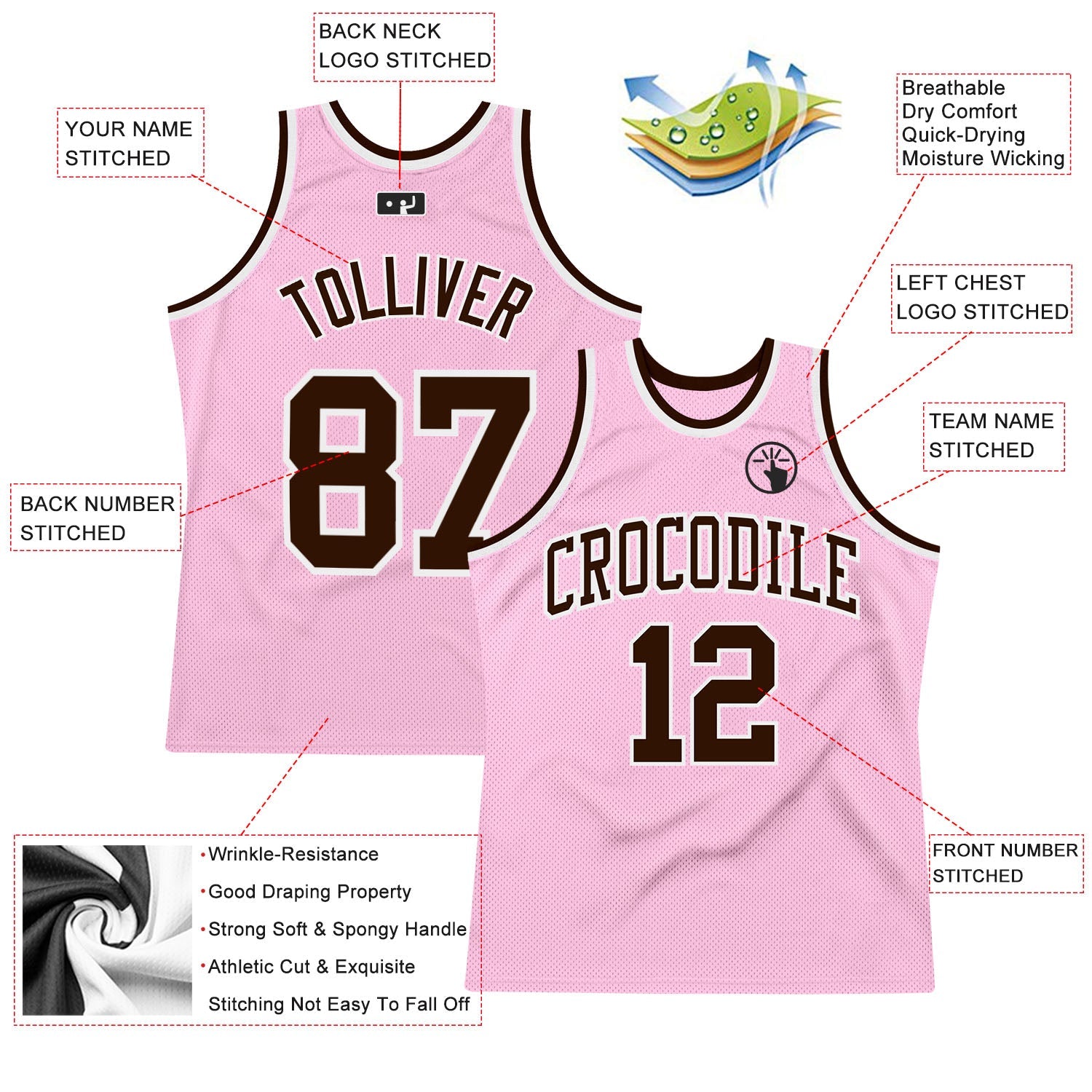 Custom Light Pink Brown-White Authentic Throwback Basketball Jersey view 2