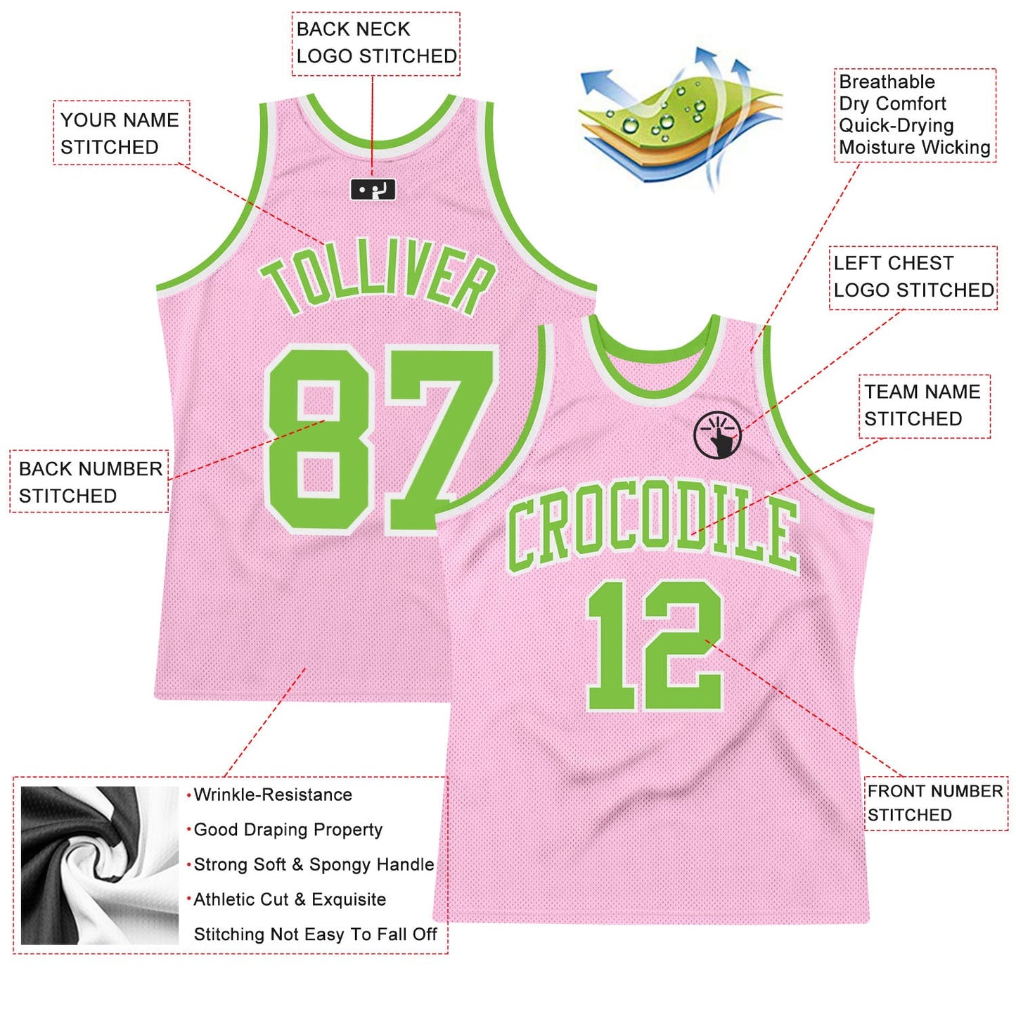 Custom Light Pink Neon Green-White Authentic Throwback Basketball Jersey view 2