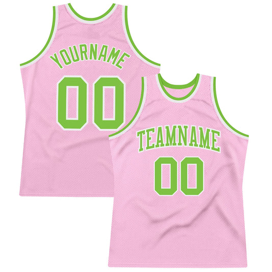 Custom Light Pink Neon Green-White Authentic Throwback Basketball Jersey - Main View