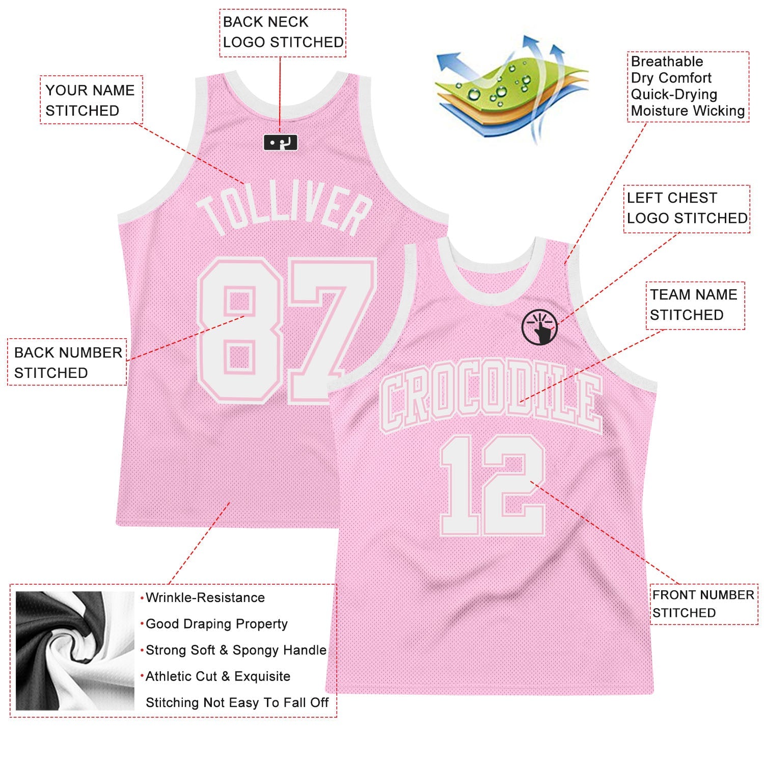 Custom Light Pink White Authentic Throwback Basketball Jersey view 3