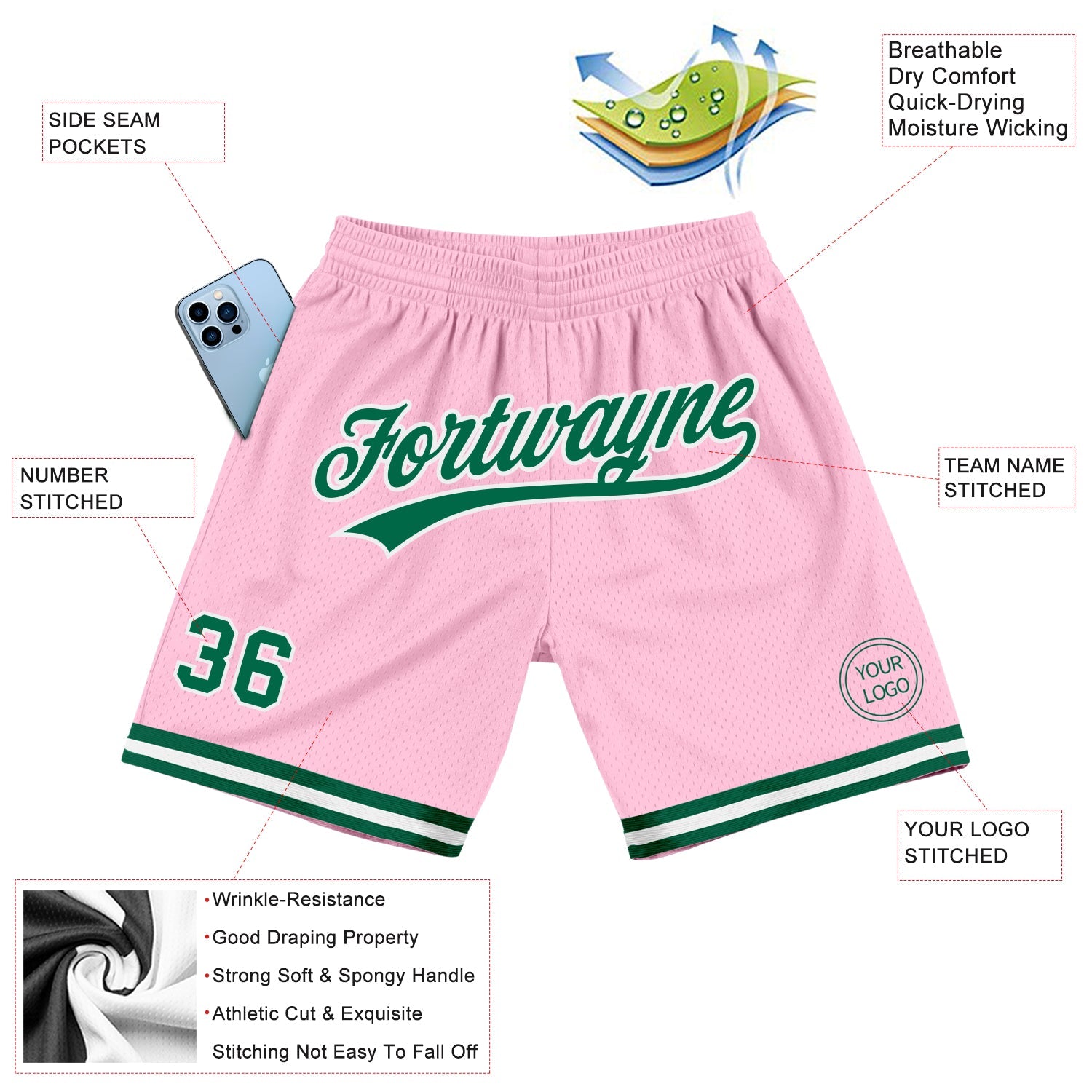 Custom Light Pink Kelly Green-White Authentic Throwback Basketball Shorts view 2