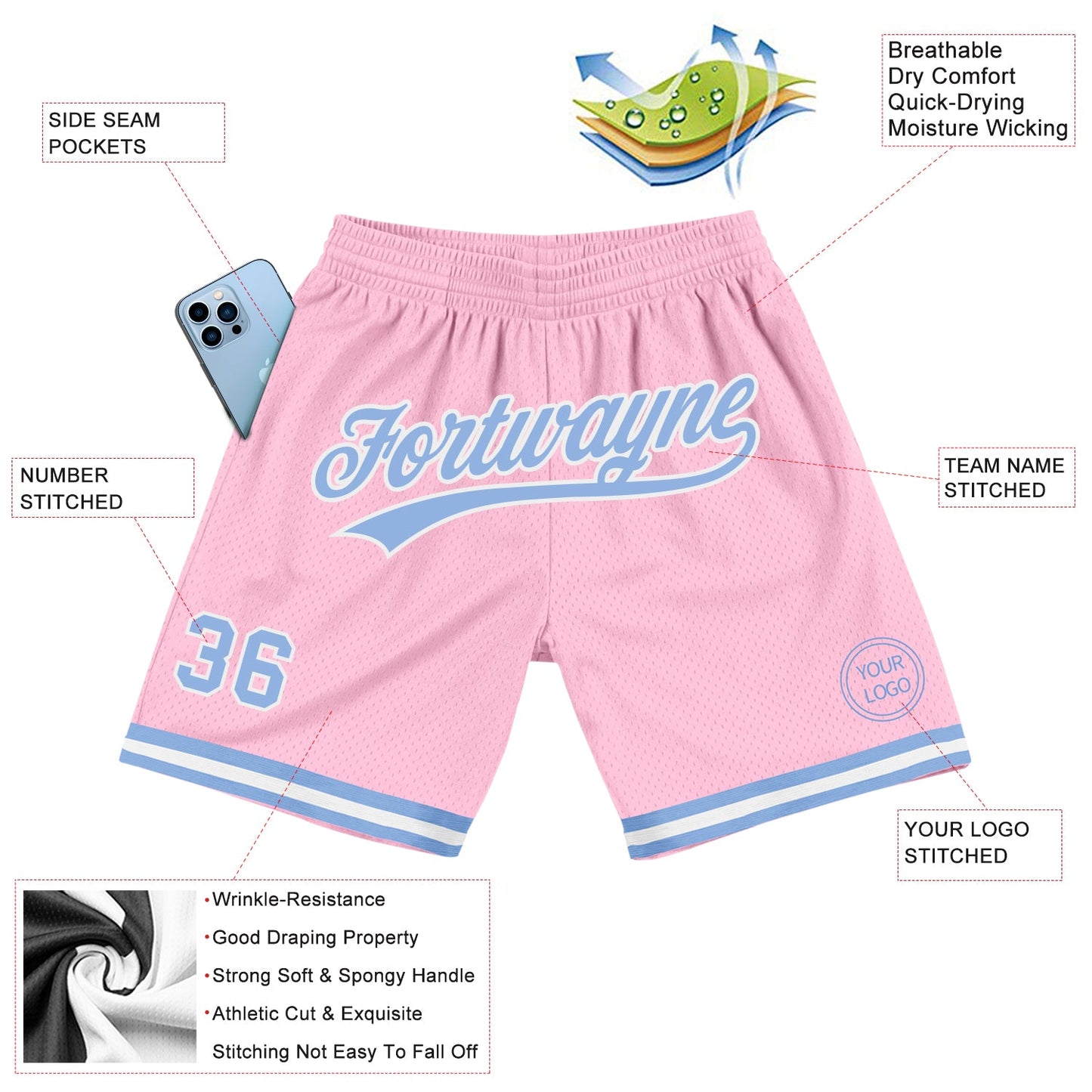 Custom Light Pink Light Blue-White Authentic Throwback Basketball Shorts view 3