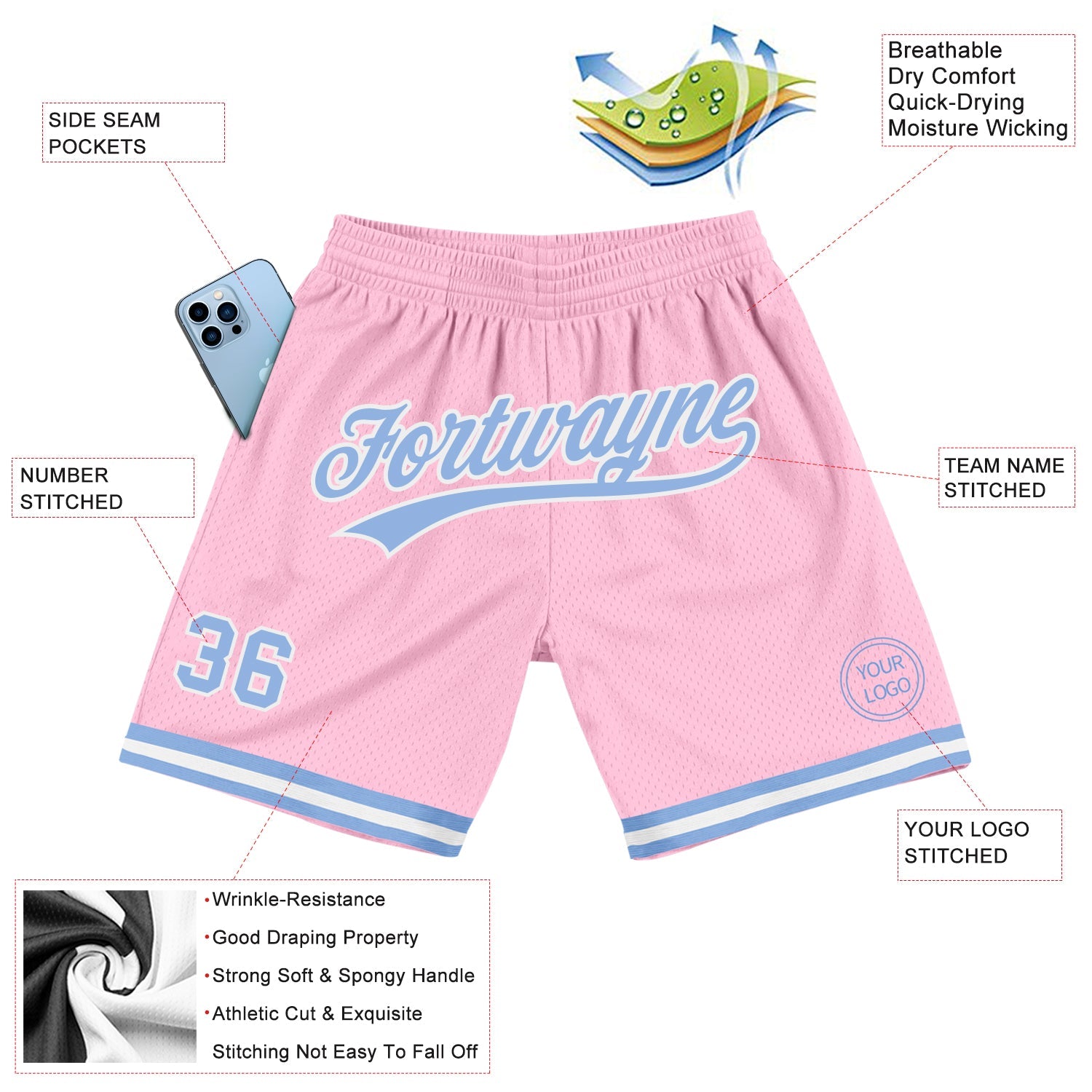 Custom Light Pink Light Blue-White Authentic Throwback Basketball Shorts view 3