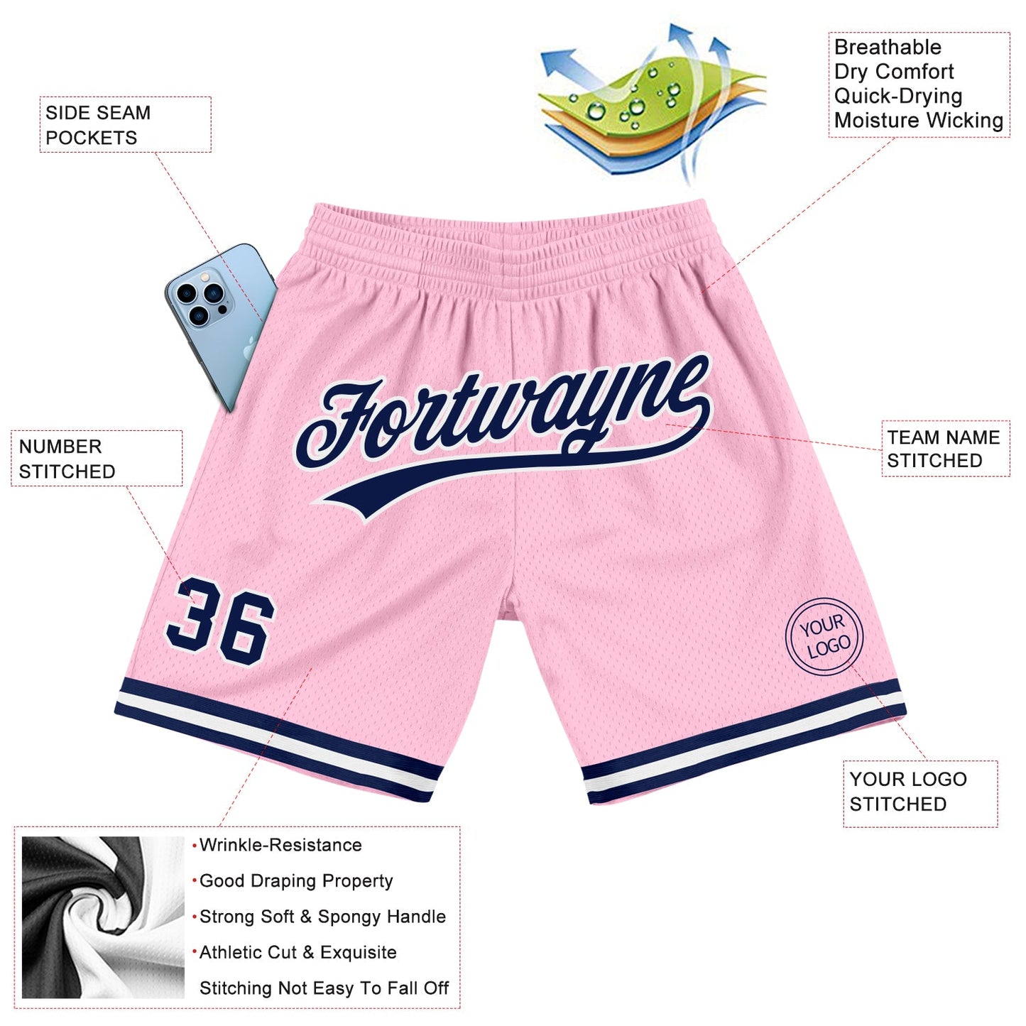 Custom Light Pink Navy-White Authentic Throwback Basketball Shorts view 2