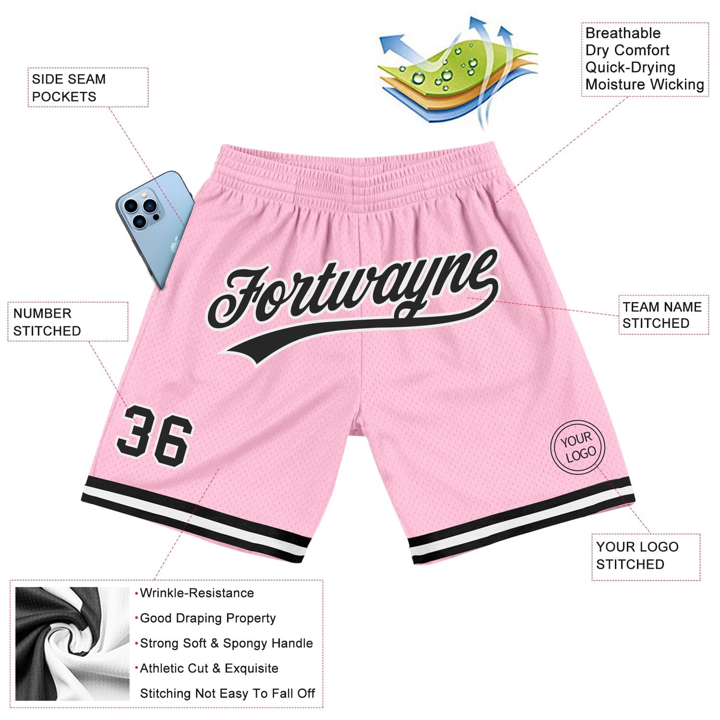 Custom Light Pink Black-White Authentic Throwback Basketball Shorts view 2