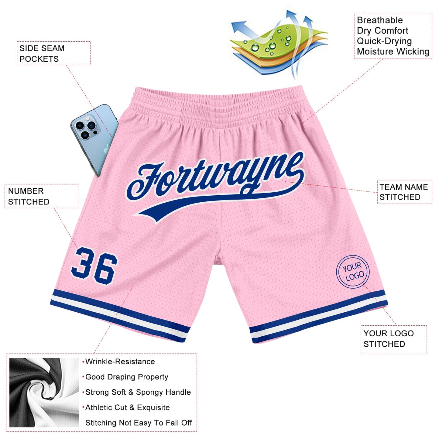 Custom Light Pink Royal-White Authentic Throwback Basketball Shorts view 2