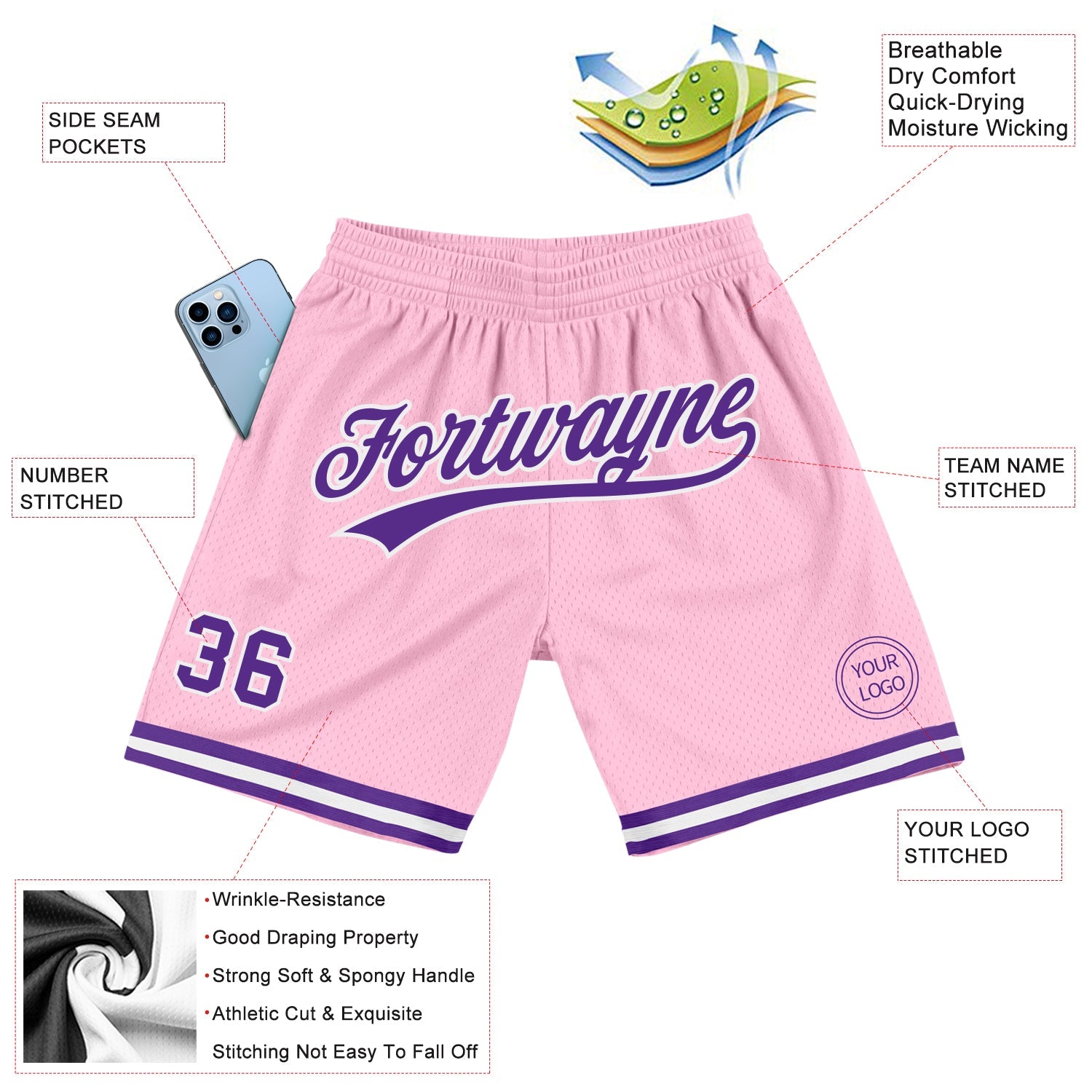Custom Light Pink Purple-White Authentic Throwback Basketball Shorts view 2