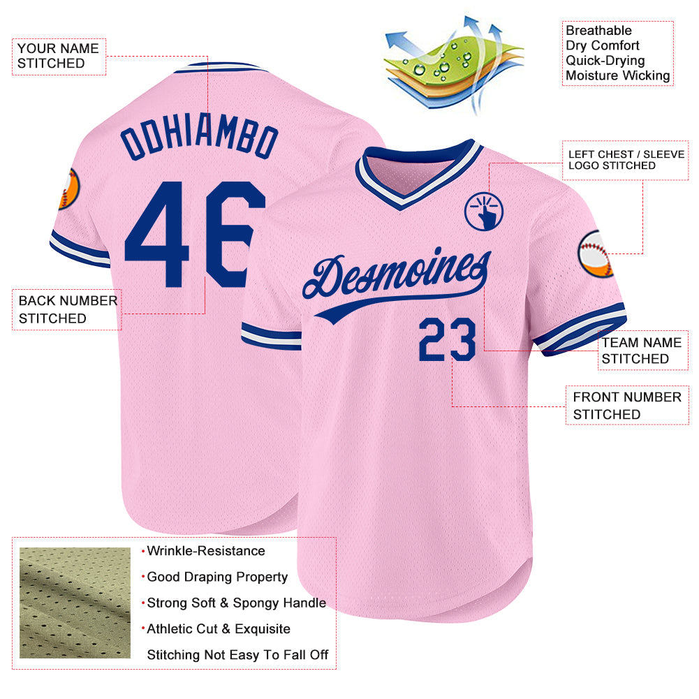 Custom Light Pink Royal-White Authentic Throwback Baseball Jersey view 3