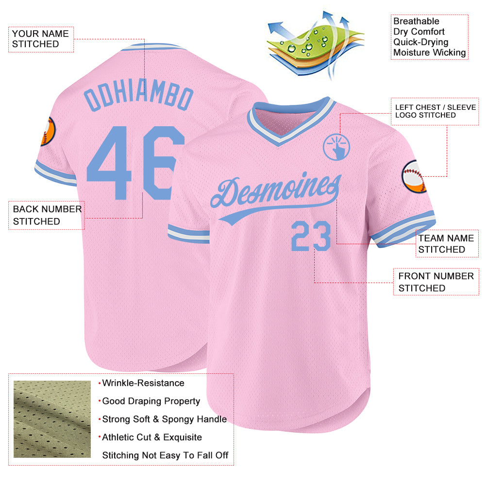 Custom Light Pink Light Blue-White Authentic Throwback Baseball Jersey view 3