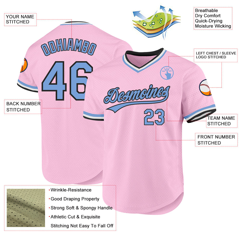 Custom Light Pink Light Blue-Black Authentic Throwback Baseball Jersey view 3