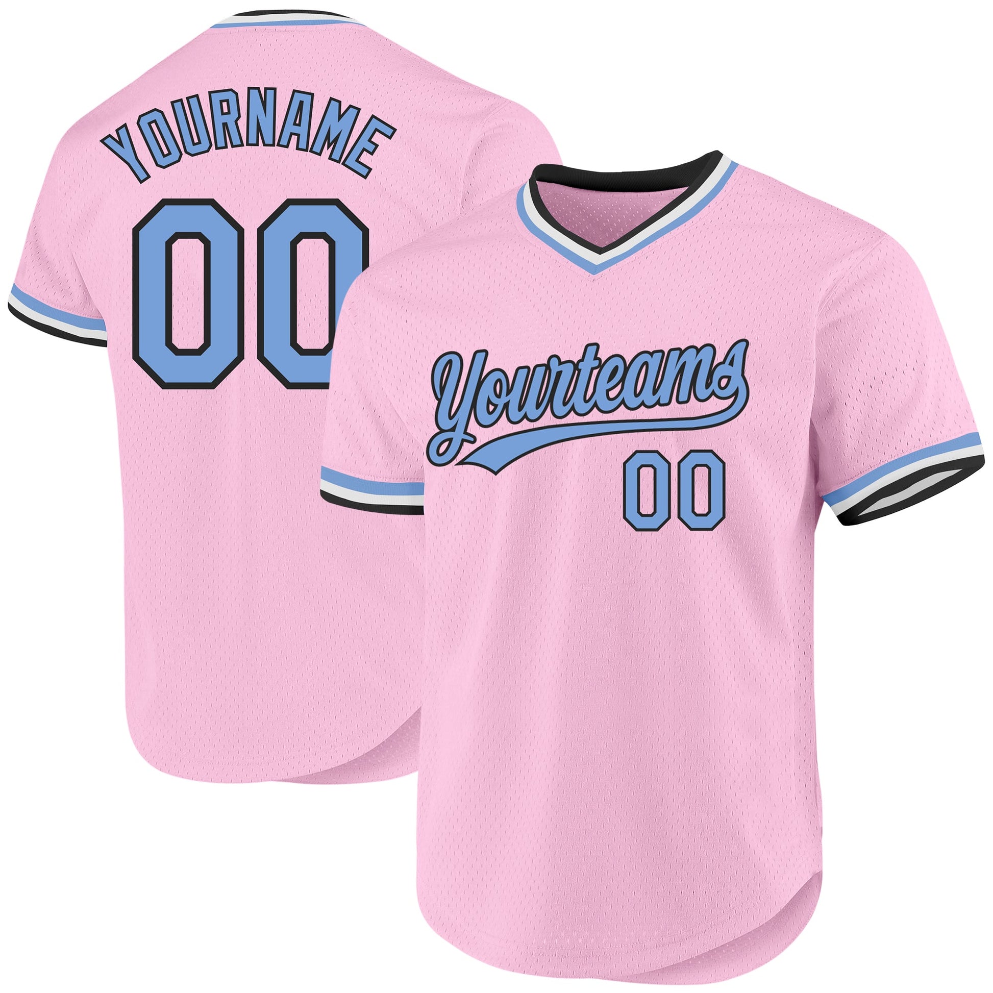 Custom Light Pink Light Blue-Black Authentic Throwback Baseball Jersey - Main View