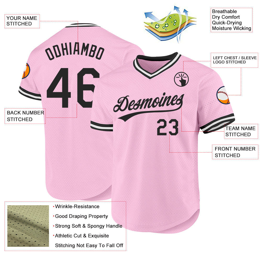 Custom Light Pink Black-White Authentic Throwback Baseball Jersey view 3