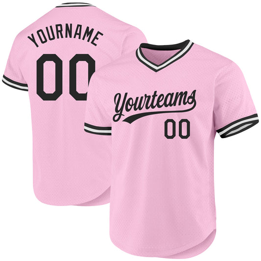 Custom Light Pink Black-White Authentic Throwback Baseball Jersey - Main View