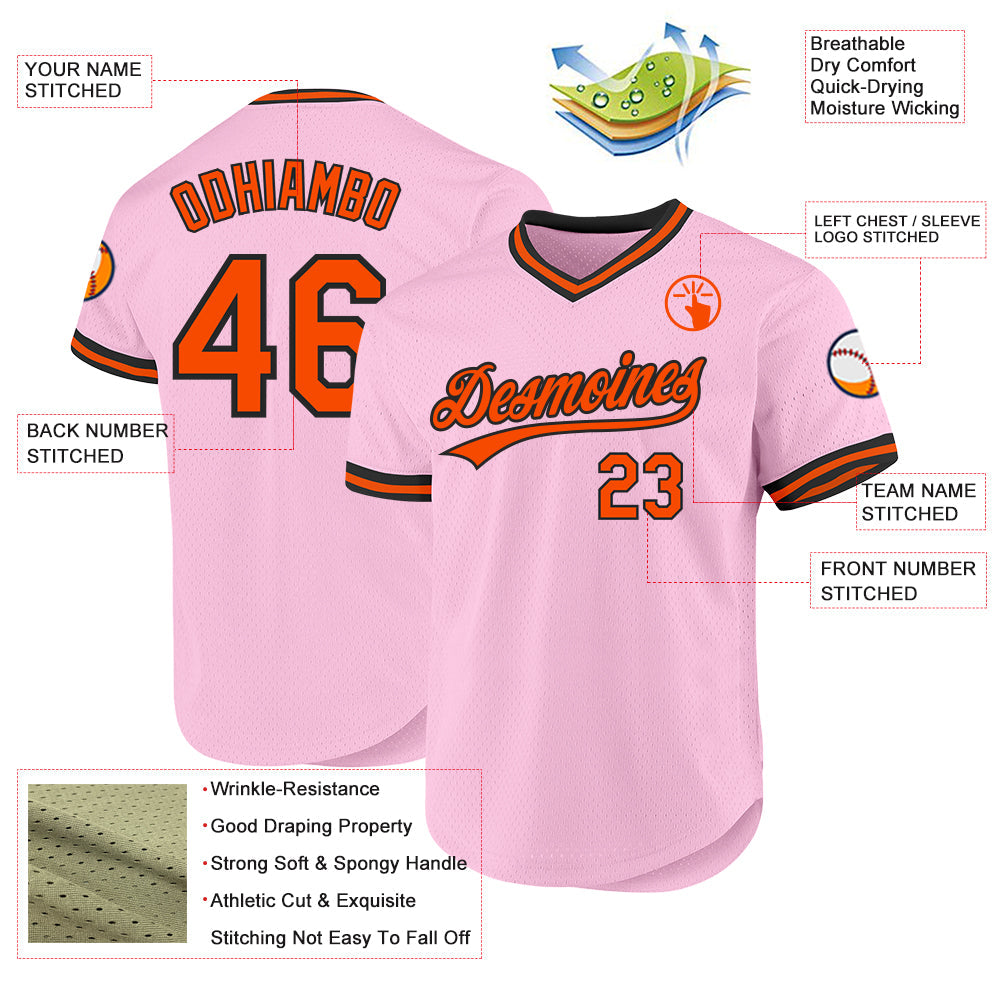 Custom Light Pink Orange-Black Authentic Throwback Baseball Jersey view 3