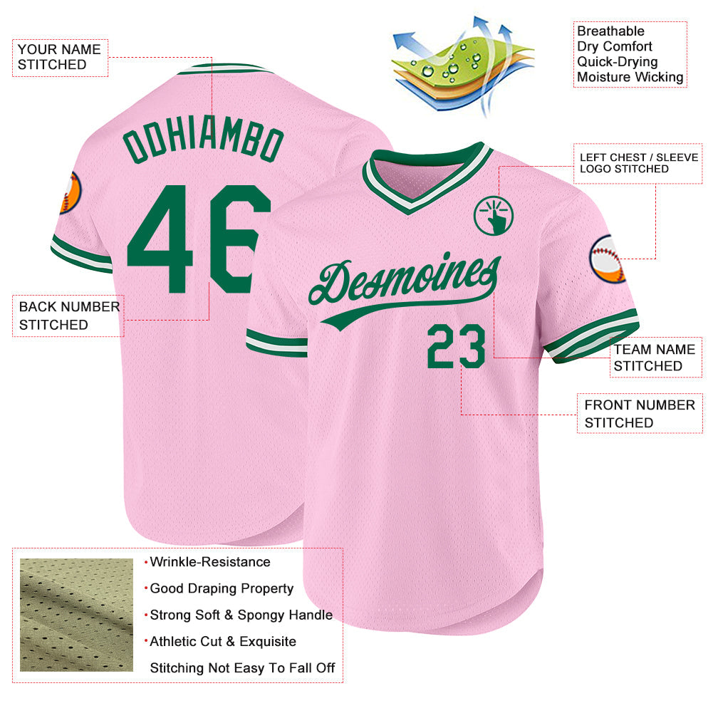 Custom Light Pink Kelly Green-White Authentic Throwback Baseball Jersey view 3