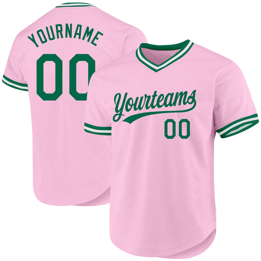 Custom Light Pink Kelly Green-White Authentic Throwback Baseball Jersey - Main View